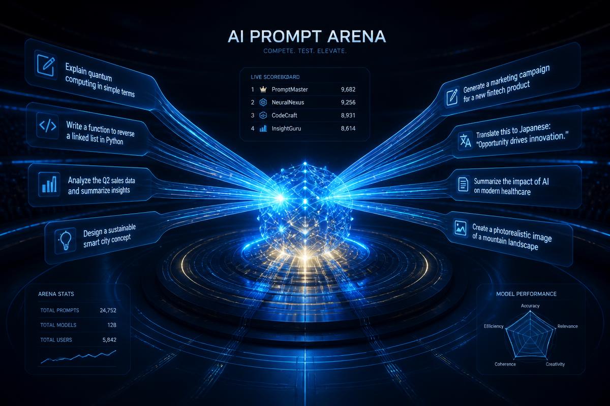 Glowing AI prompt arena with converging beams and a live scoreboard