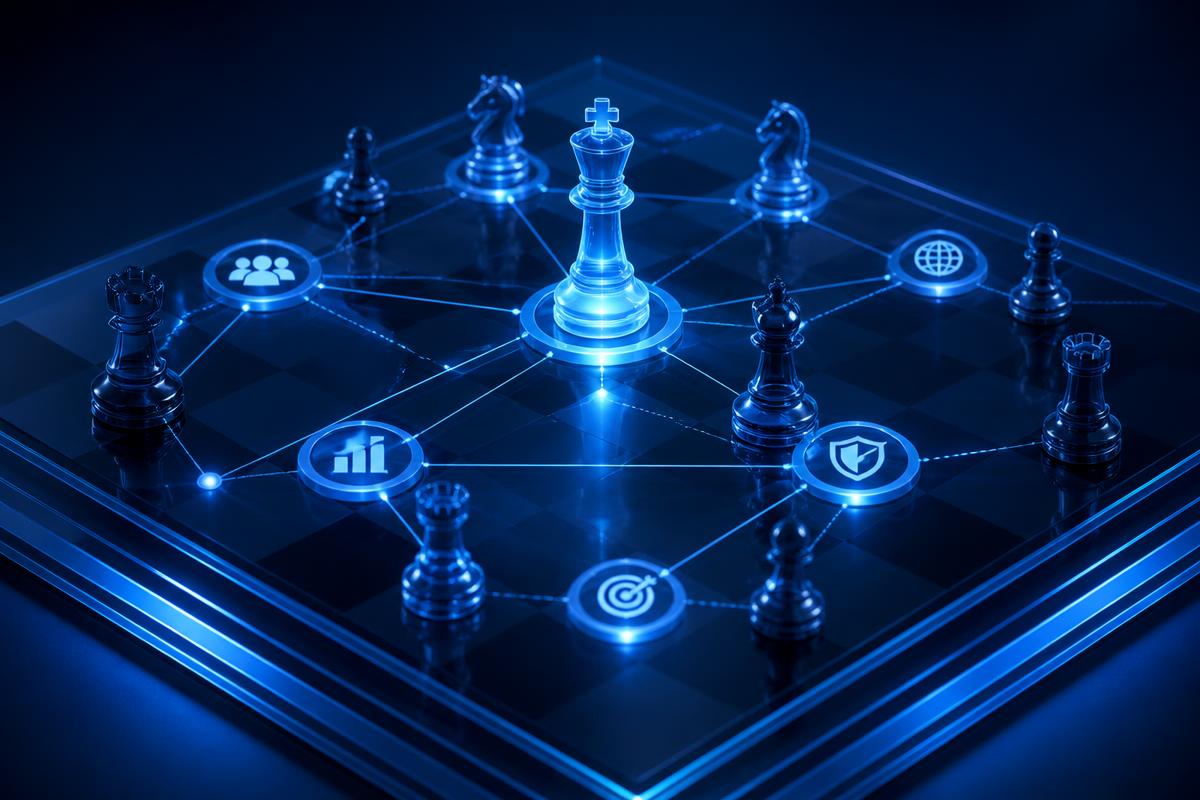 Illuminated strategy board with connected leadership decision nodes in navy and blue