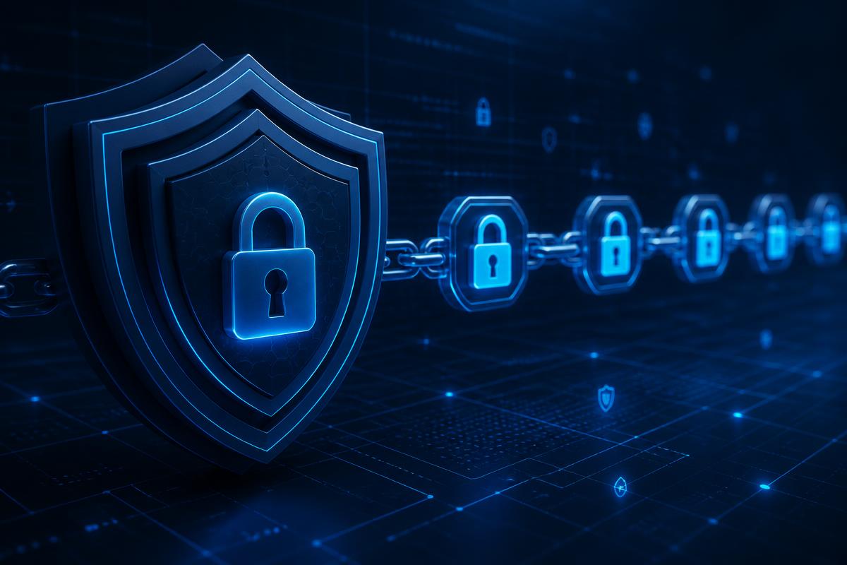 Layered security shields with a chain of glowing padlocks on a dark blue grid