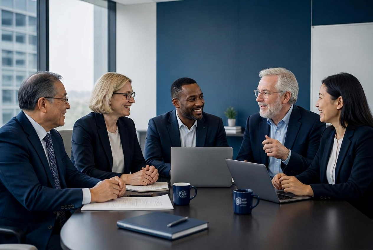 Senior executives and university professors collaborating in a modern office