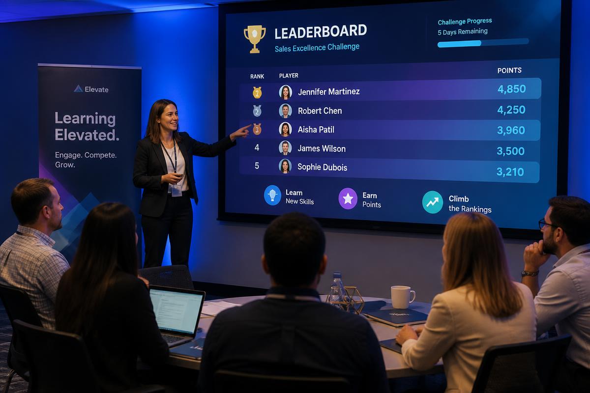 Professionals in a workshop reviewing a gamified learning leaderboard
